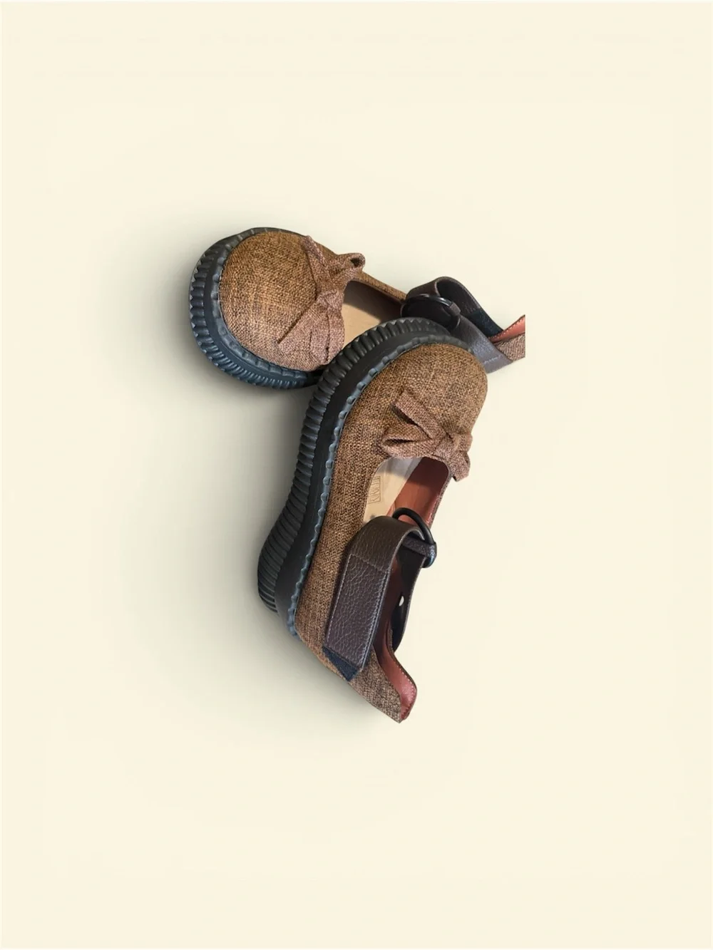 Textured Brown Bow Mary Jane Flats